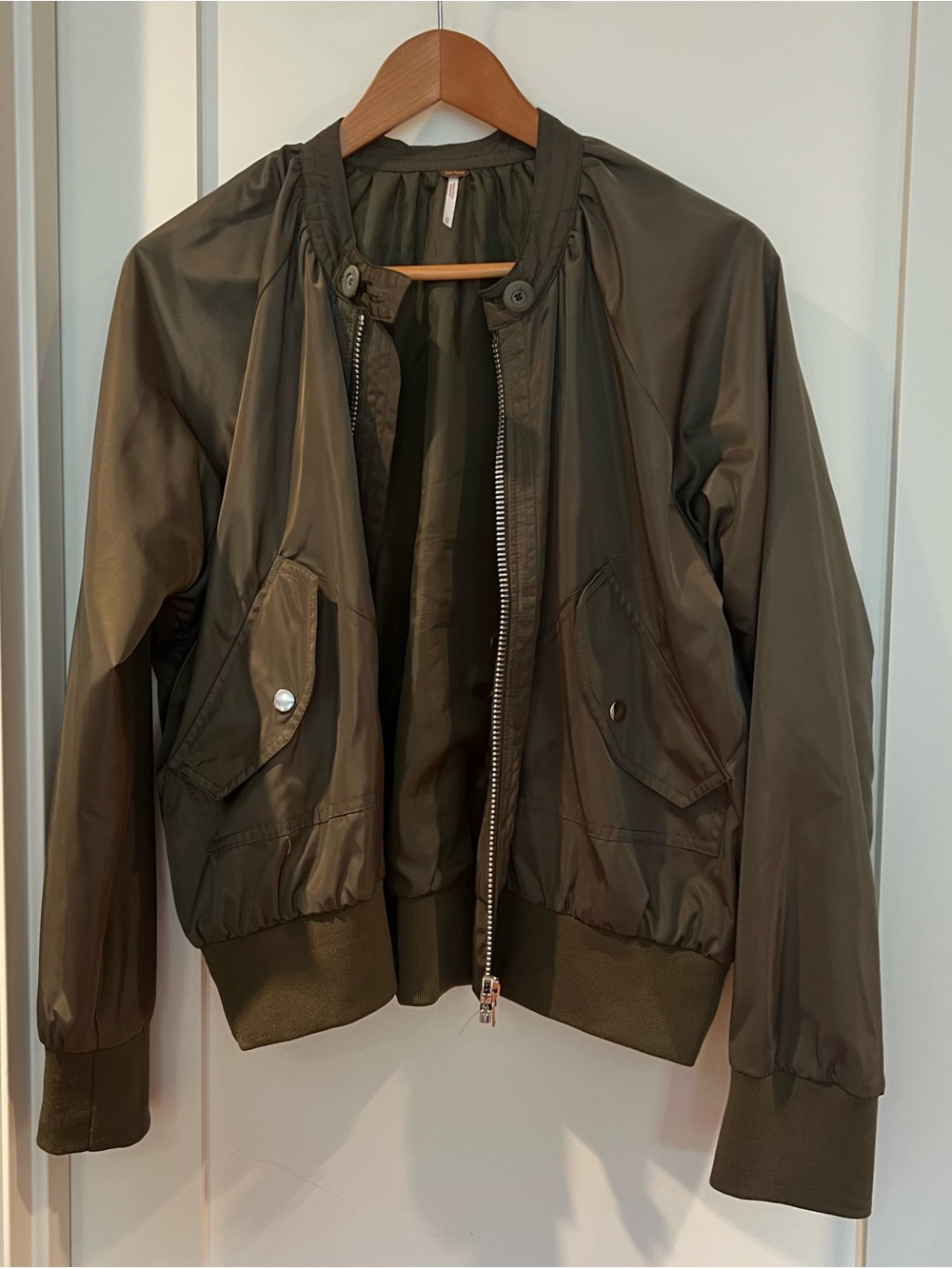 Free People Olive Bomber Jacket with Snap Pockets